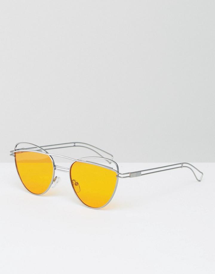 Asos Cat Eye Sunglasses With Wire Highbrow And Double Nose Bridge With Orange Lens - Gold