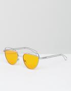 Asos Cat Eye Sunglasses With Wire Highbrow And Double Nose Bridge With Orange Lens - Gold