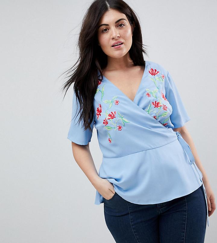 Asos Curve Exclusive Embroidered Wrap Top - Blue
