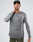Asos Pigment Wash Slub Longline Long Sleeve T-shirt With Text Print And Curve Hem - Gray