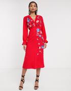 Asos Design Embroidered Button Front Midi Tea Dress With Fluted Sleeve