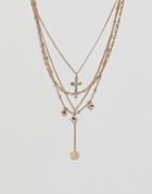 Asos Design Multirow Necklace With Vintage Style Cross And Coin Pendants In Gold - Gold