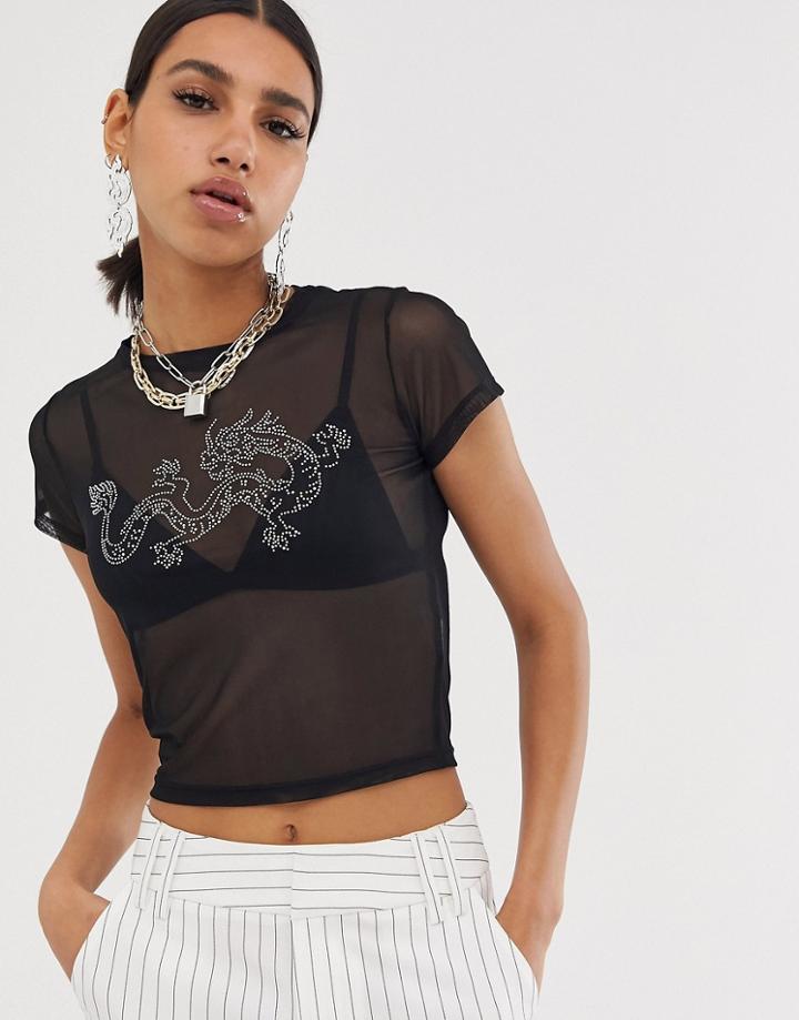 Asos Design Mesh Top With Iridescent Stud Dragon Motif-black