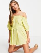Asos Design Off Shoulder Super Crinkled Belted Romper In Chartreuse-white