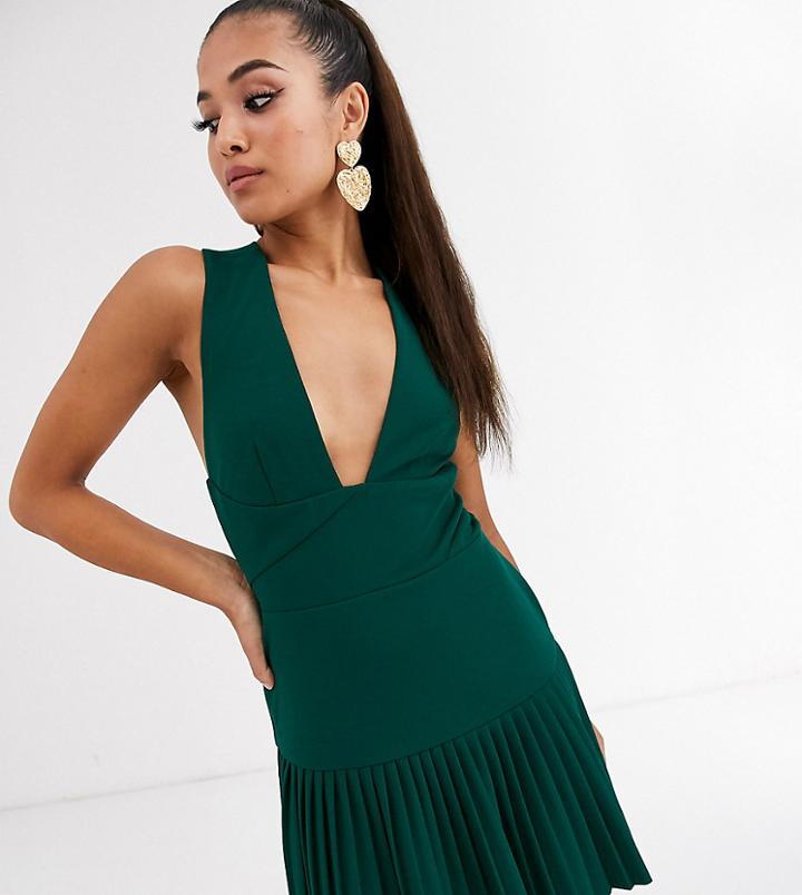 Asos Design Petite Plunge Cross Back Pleated Mini Skater Dress