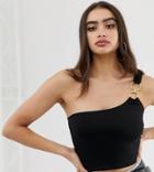 Asos Design One Shoulder Top With Double Ring Detail - Black