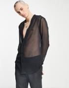 Asos Design Regular Sheer Shirt With Deep V Neck In Black