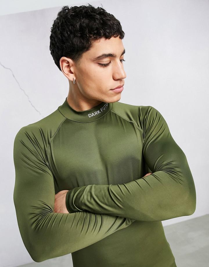 Asos Dark Future Active Training Long Sleeve T-shirt With Mock Neck-green