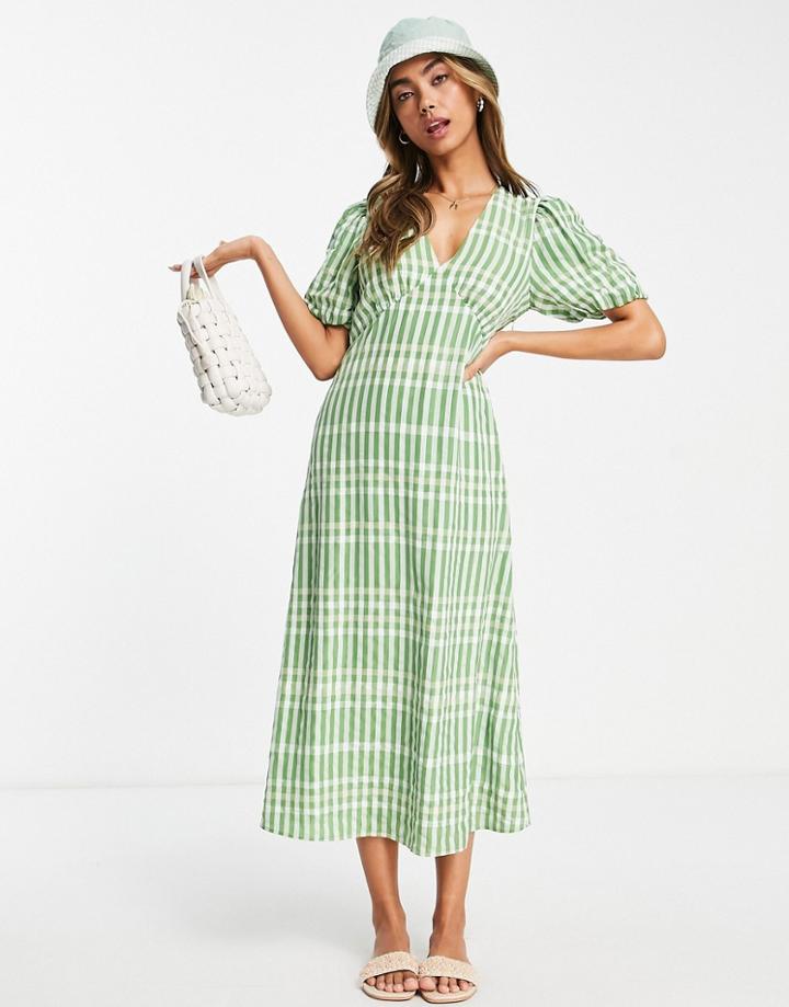 & Other Stories Puff Sleeve Midi Dress In Green Check Print