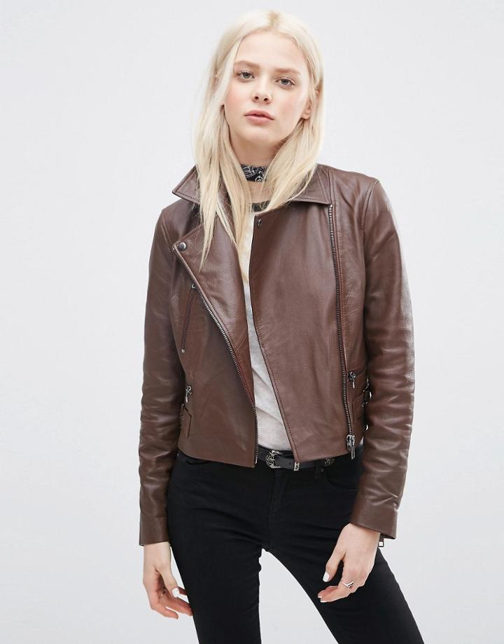 Asos Leather Biker Jacket With Zip Detail - Brown