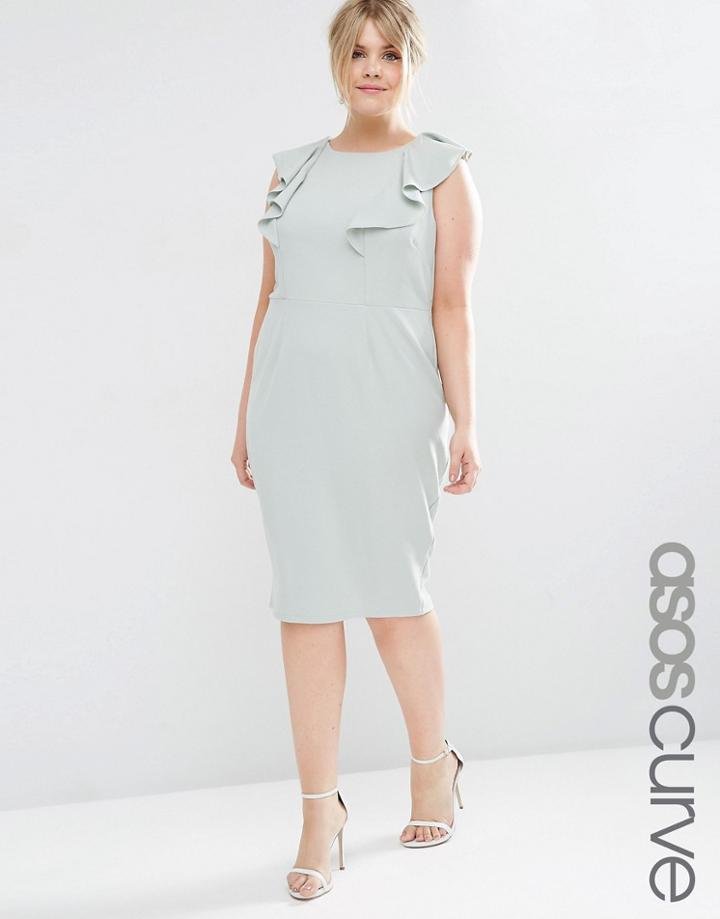 Asos Curve Wiggle Dress With Ruffle - Sage Green