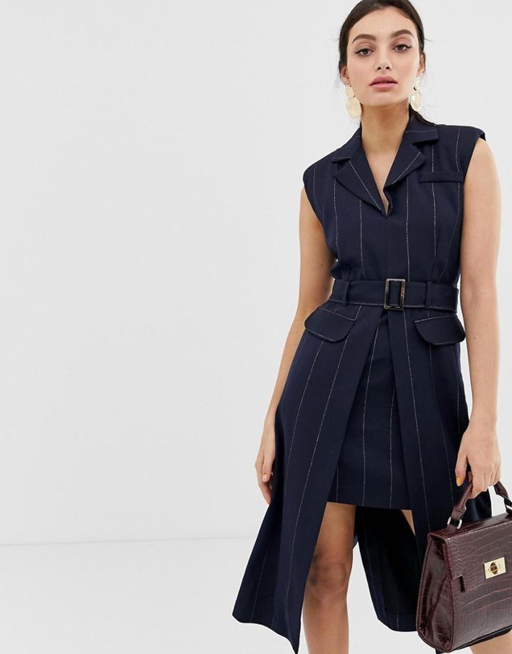 River Island Tailored Dress With Belt In Pinstripe-multi