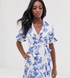 Influence Tall Wrap Front Dress In Porcelain Floral Print - White