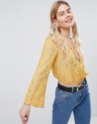 New Look Tie Front Long Sleeve Lace Top - Yellow