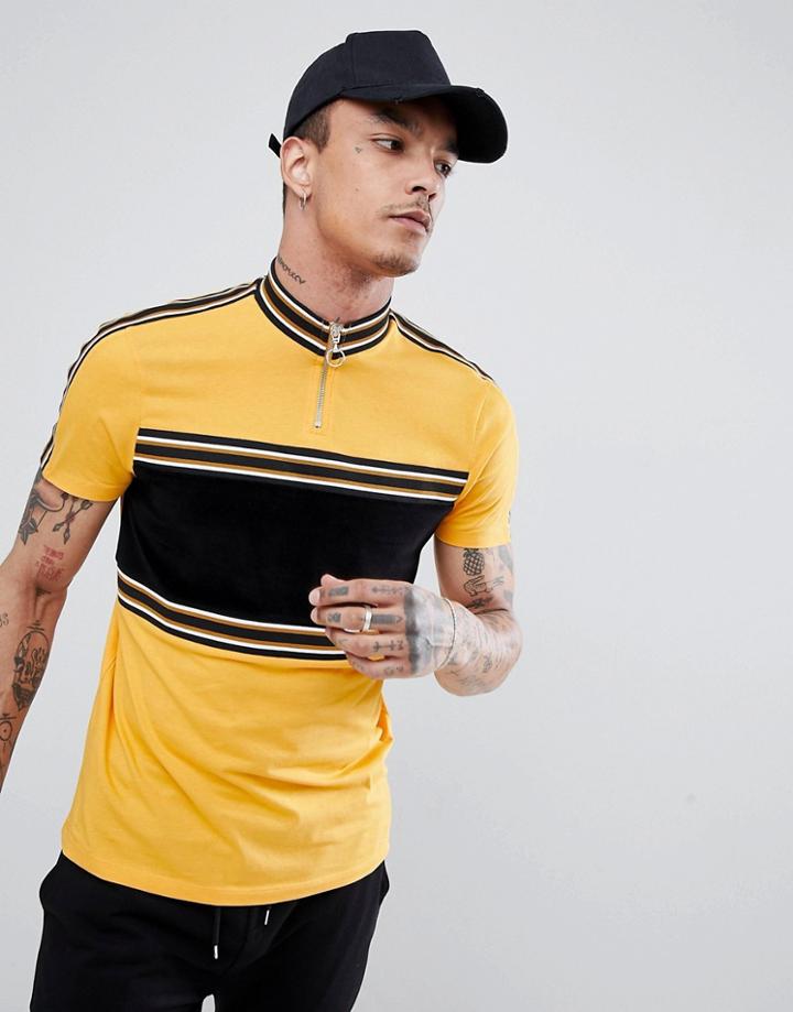 Asos Design T-shirt With Contrast Panel In Cord And Taping In Yellow - Yellow