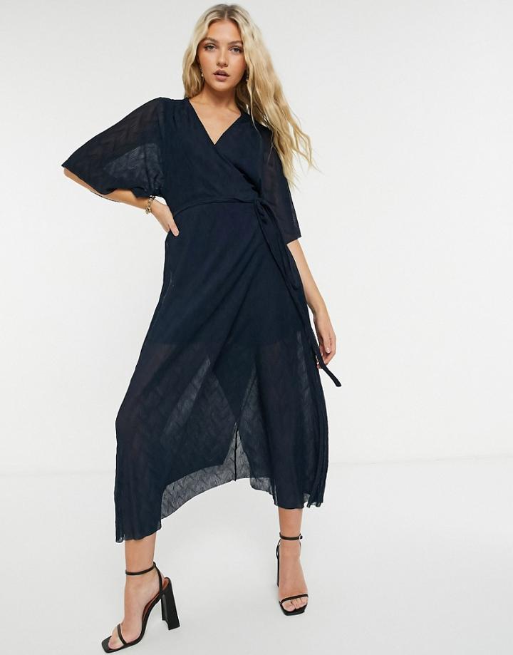 Liquorish Wrap Midi Crinkled Dress In Navy