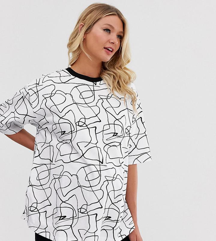 Asos Design Maternity Oversized T-shirt In Mono Scribble Print-white