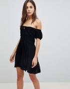 Asos Off The Shoulder Mini Button Through Sundress In Crinkle - Black