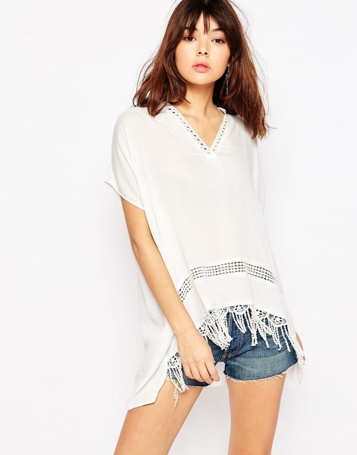 Brave Soul Collarless T-shirt With Crochet Detail & Tassels - Cream