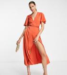 Asos Design Tall Satin Wrap Midi Dress With Flutter Sleeve And Tie Detail In Rust-brown