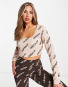 Adidas Originals 'logomania' Repeat Logo Long Sleeve Cropped Top In Blush-pink