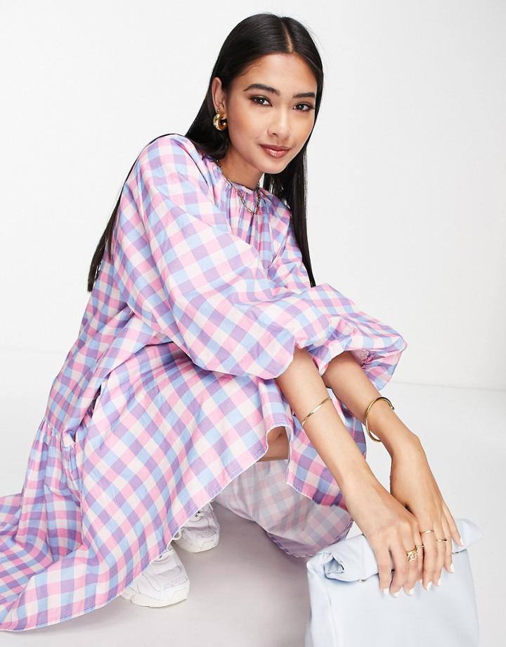 Selected Femme Cotton Midi Smock Dress In Pink And Blue Check-multi