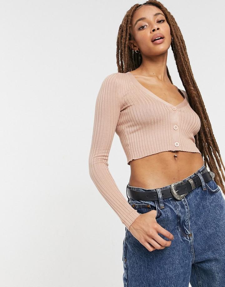 Brave Soul Tarragon Cropped Ribbed Cardigan In Pink