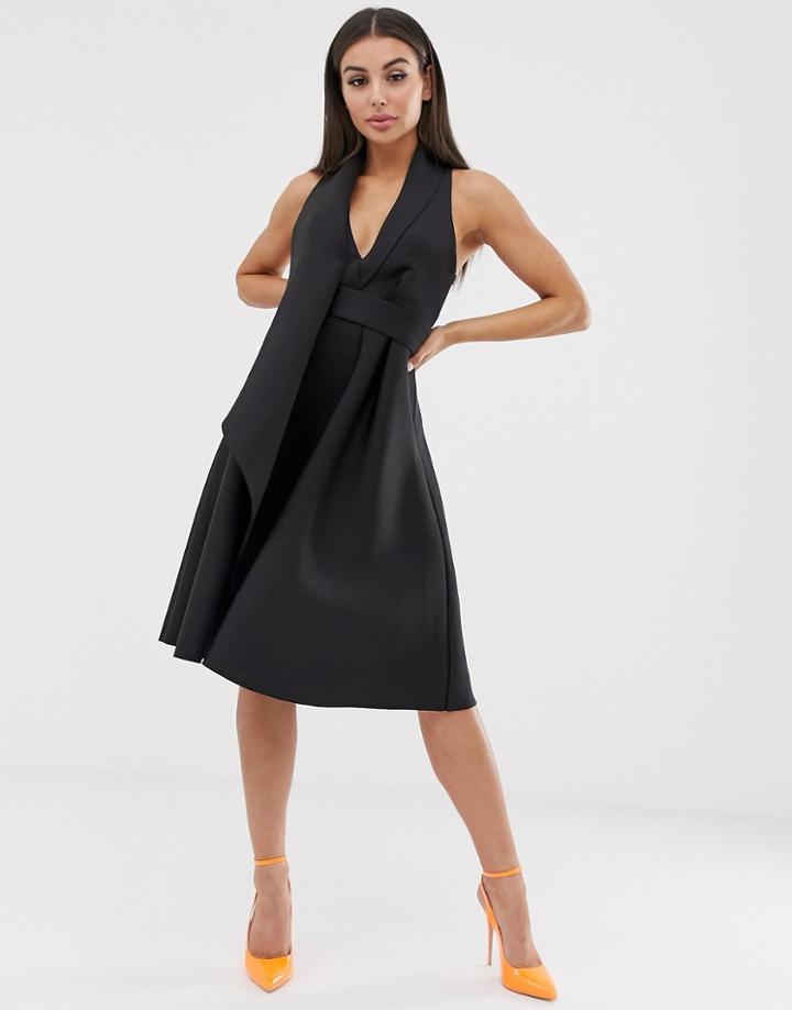 Asos Design Fold Front Tux Prom Midi Dress With Asymmetric Detail-black