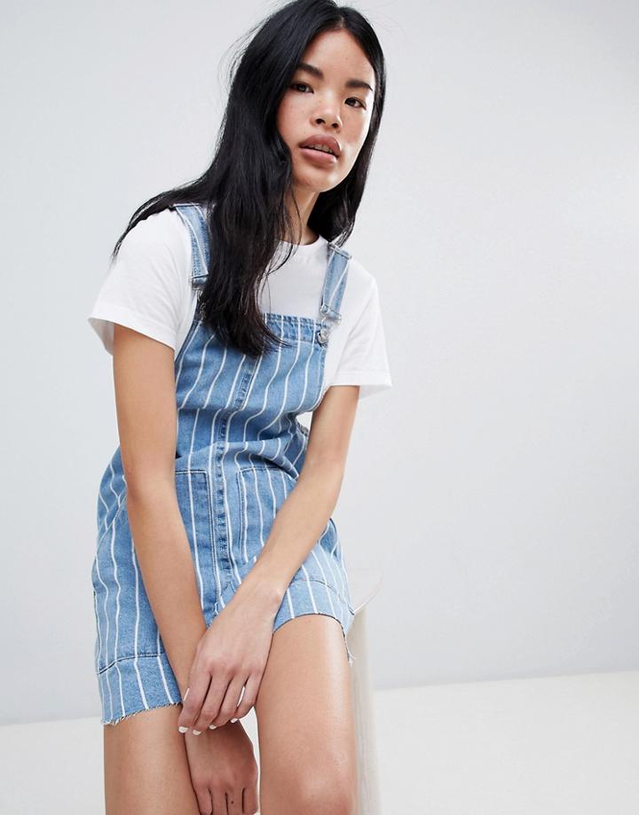 Pull & Bear Stripe Denim Overalls Dress - Blue