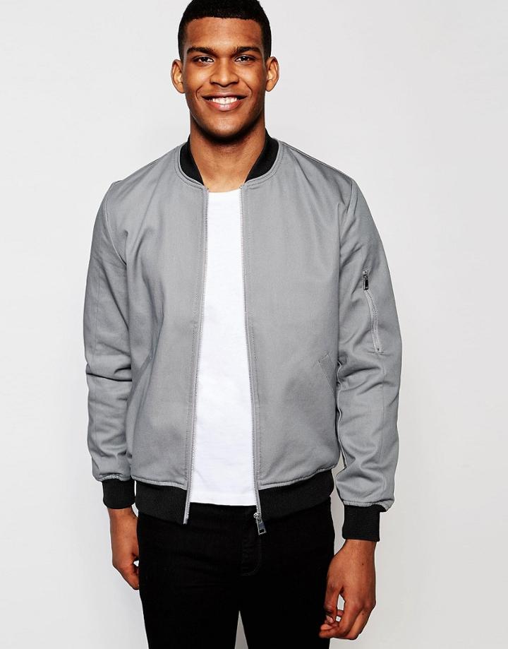 Asos Bomber Jacket With Sleeve Zip In Gray - Gray