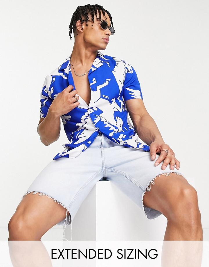Asos Design Revere Shirt In Abstract Horse Print-blue