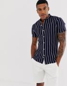 Bershka Join Life Jersey Short Sleeved Shirt With Grandad Collar In Navy Stripe - Navy