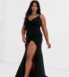 Club L London Plus Plunge Front Maxi Dress With High Thigh Split In Black