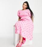 Neon Rose Plus Shirred Top Tiered Midi Tea Dress With Tie Back In Pink Cherry Print