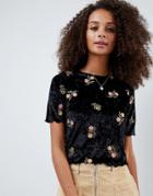 Asos Design Top In Velvet With Floral Embroidery - Black