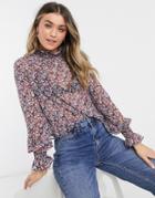 Asos Design Long Sleeve Floral Blouse With Shirred Neck And Cuffs-multi