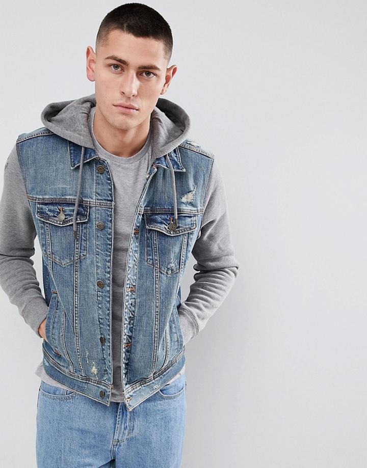 Hollister Hooded Denim Jacket With Gray Sweat Sleeves And Hood In Mid Wash - Blue
