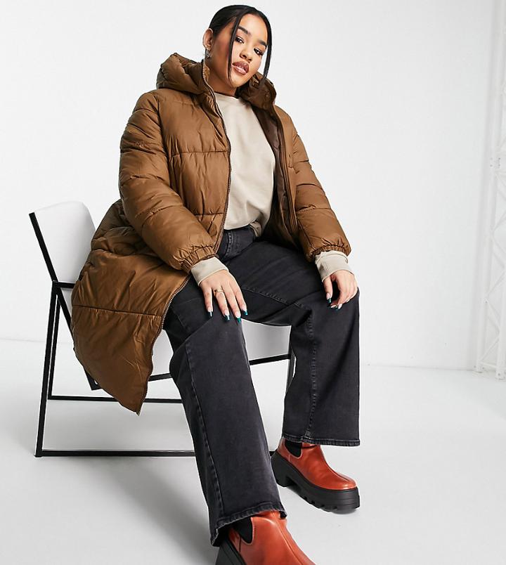 Vero Moda Curve Hooded Padded Coat In Chocolate-brown