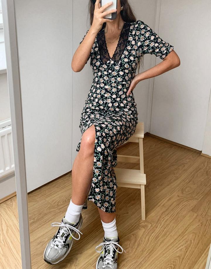 Asos Design Lace Trim Maxi Dress With Short Sleeve In Black Based Floral Print