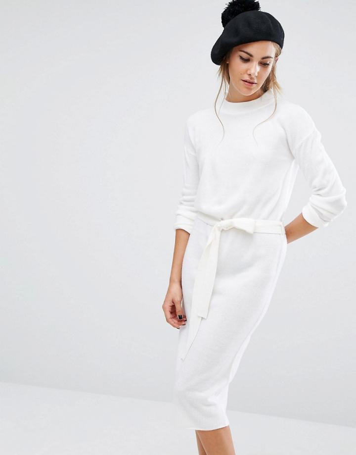 Fashion Union High Neck Knit Dress With Tie Up Waist - Cream