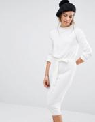 Fashion Union High Neck Knit Dress With Tie Up Waist - Cream