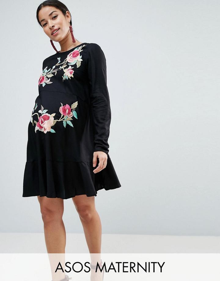 Asos Maternity Embroidered Mini Drop Waist Dress - Black