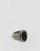 Asos Design Signet Ring With Emboss And Black Stone In Burnished Silver - Silver