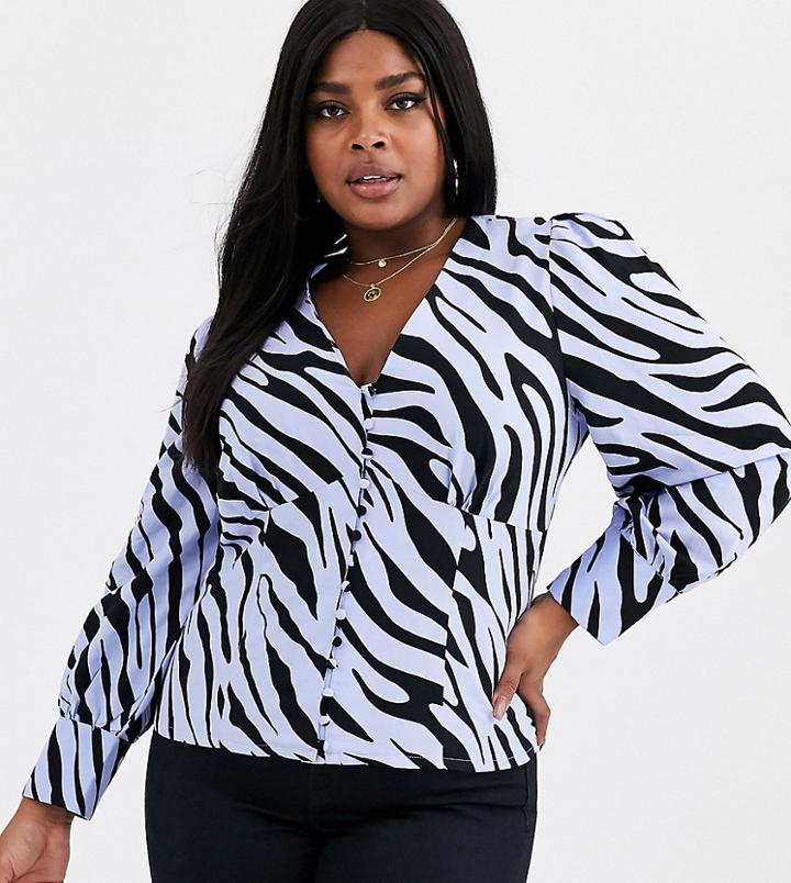 Glamorous Curve Tea Blouse With Puff Shoulders In Vintage Zebra-blue