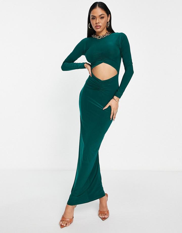 Femme Luxe Long Sleeve Cut Out Detail Slinky Midi Dress In Green