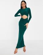 Femme Luxe Long Sleeve Cut Out Detail Slinky Midi Dress In Green