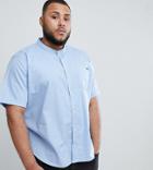 Badrhino Plus Short Sleeve Poplin Shirt With Grandad Collar In Blue - Blue