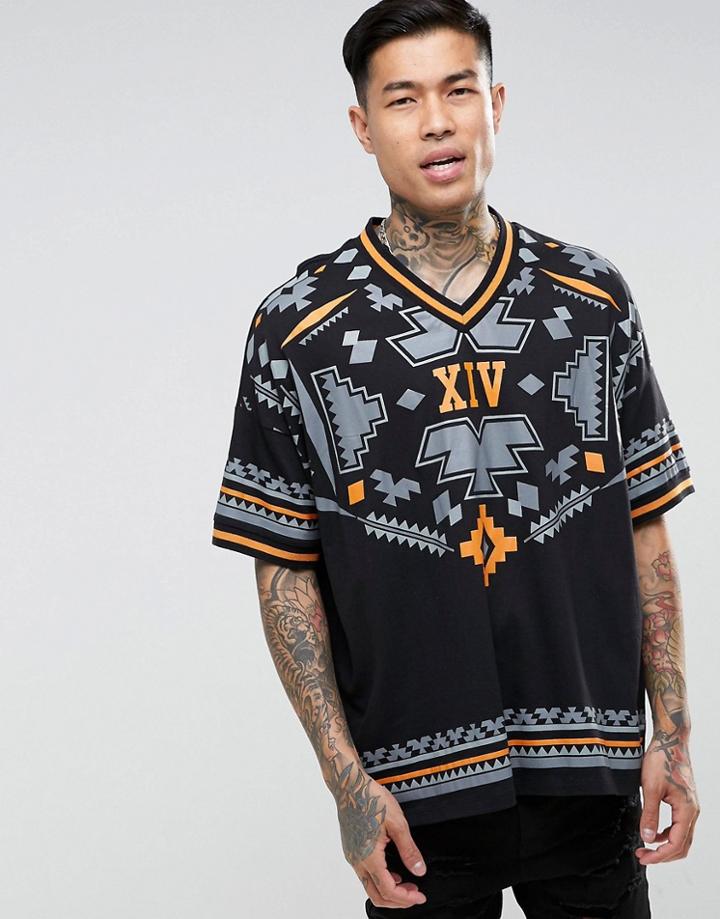 Asos Super Oversized T-shirt With Geo-tribal Yoke Print And Tipped Neck Trim - Black