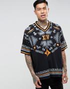 Asos Super Oversized T-shirt With Geo-tribal Yoke Print And Tipped Neck Trim - Black