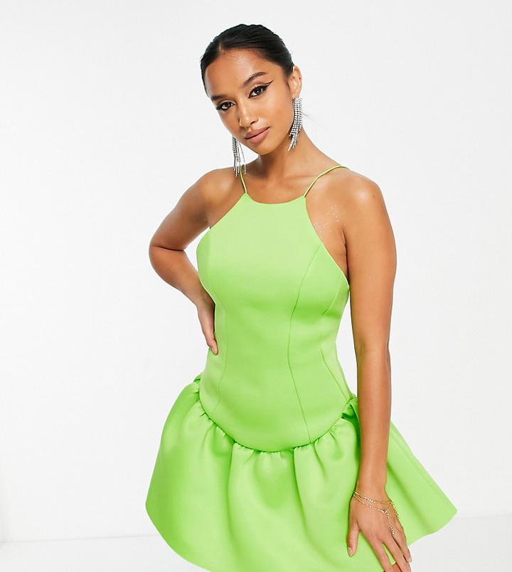 Asos Design Petite High Neck Seamed Low Back Pephem Mini Dress In Lime Green-multi